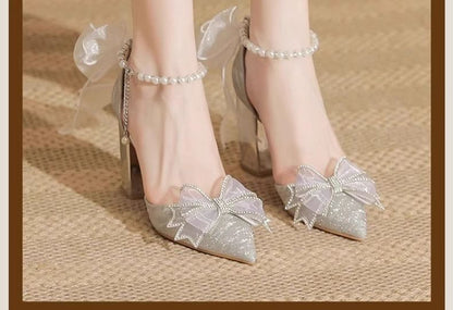 Block Heel Bow Glitter Pointy Sandals