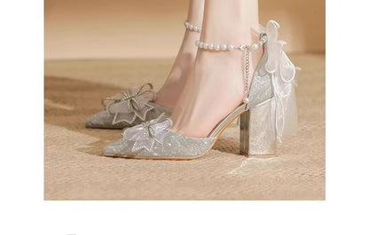 Block Heel Bow Glitter Pointy Sandals