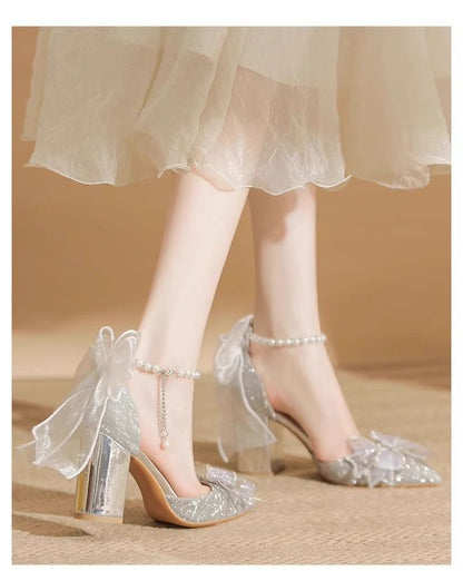 Block Heel Bow Glitter Pointy Sandals