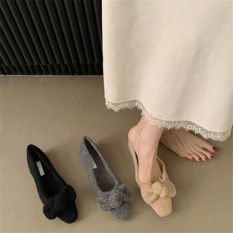 Square Toe Bow Wool Flats