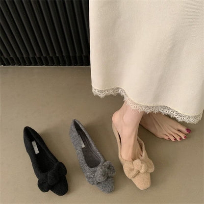 Square Toe Bow Wool Flats