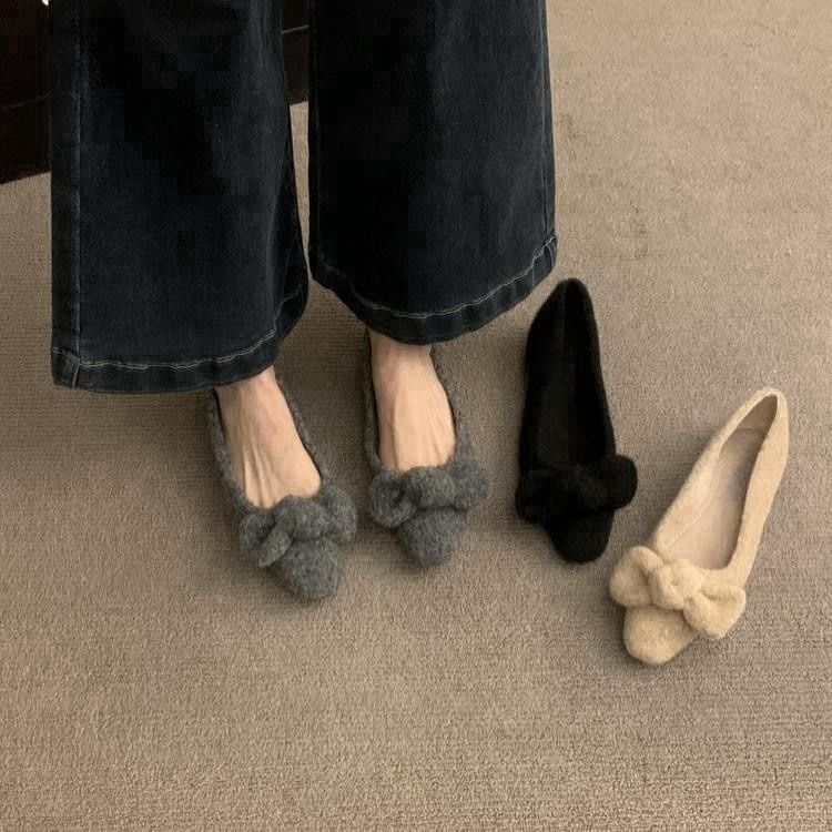 Square Toe Bow Wool Flats