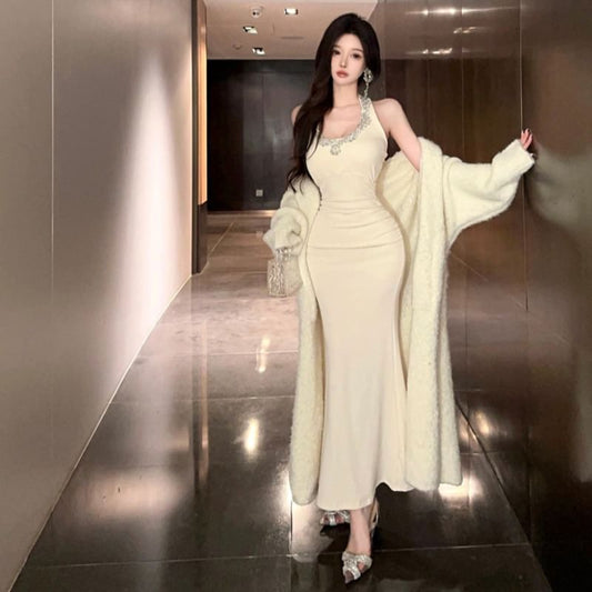 Halter Neck Plain Rhinestone Accent Ruched Open Back Mermaid Evening Dress