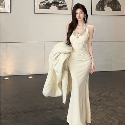 Halter Neck Plain Rhinestone Accent Ruched Open Back Mermaid Evening Dress