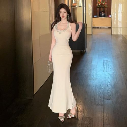 Halter Neck Plain Rhinestone Accent Ruched Open Back Mermaid Evening Dress