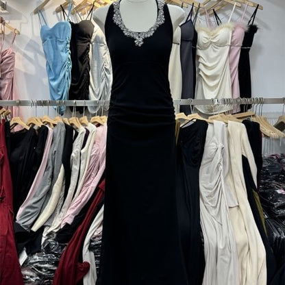 Halter Neck Plain Rhinestone Accent Ruched Open Back Mermaid Evening Dress