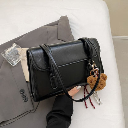 Set: Plain Faux Leather Flap Tote Bag + Bag Charm