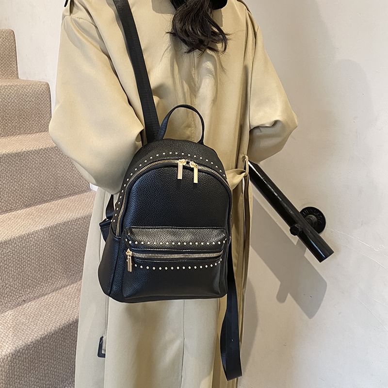 Plain Studded Faux Leather Backpack