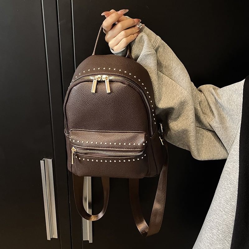 Plain Studded Faux Leather Backpack