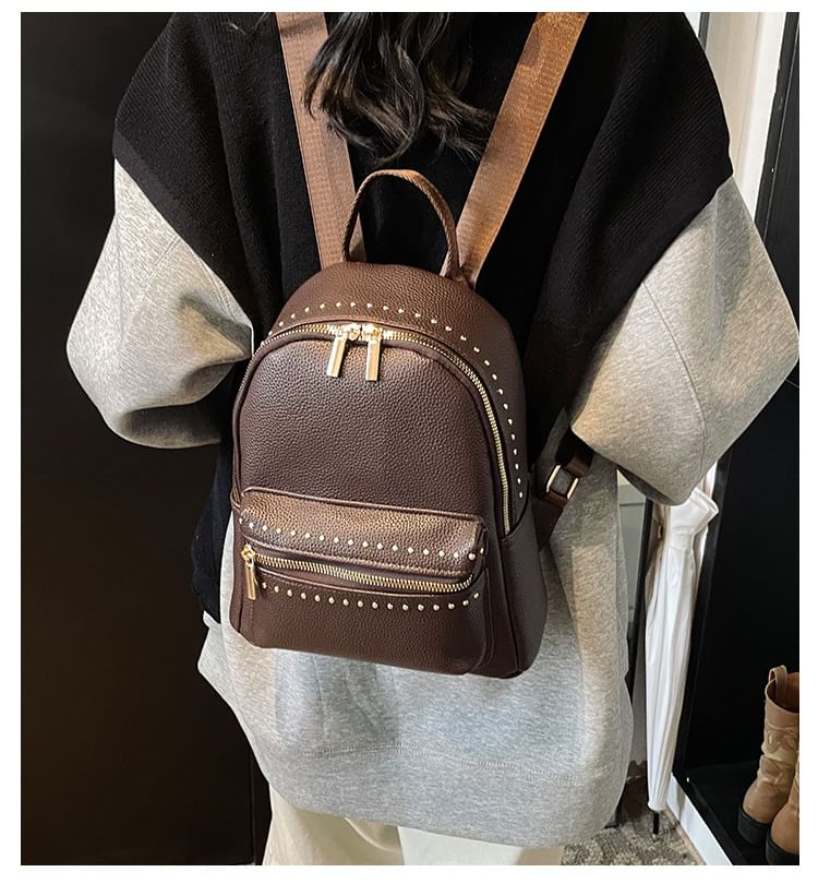Plain Studded Faux Leather Backpack