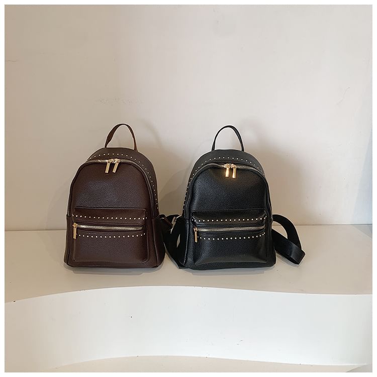 Plain Studded Faux Leather Backpack