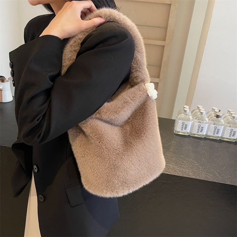 Floral Accent Fluffy Bucket Bag