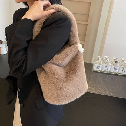 Floral Accent Fluffy Bucket Bag