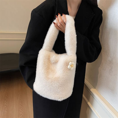 Floral Accent Fluffy Bucket Bag