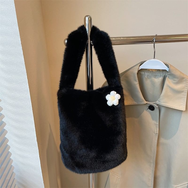 Floral Accent Fluffy Bucket Bag