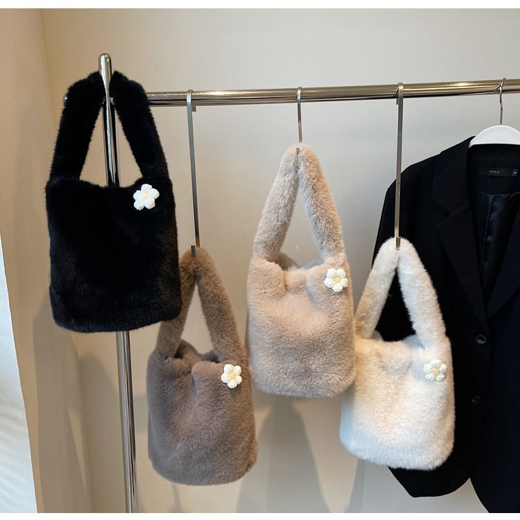 Floral Accent Fluffy Bucket Bag