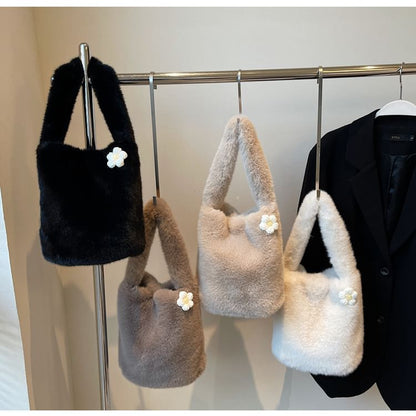 Floral Accent Fluffy Bucket Bag