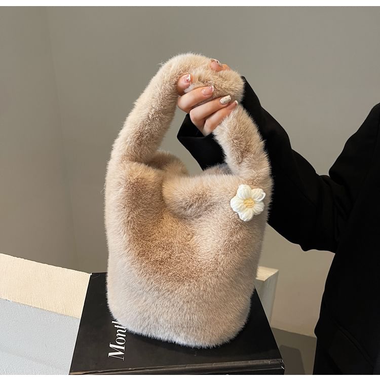 Floral Accent Fluffy Bucket Bag