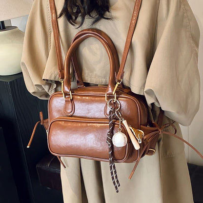 Plain Bow Accent Faux Leather Backpack / Bag Charm / Set