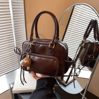 Plain Bow Accent Faux Leather Backpack / Bag Charm / Set