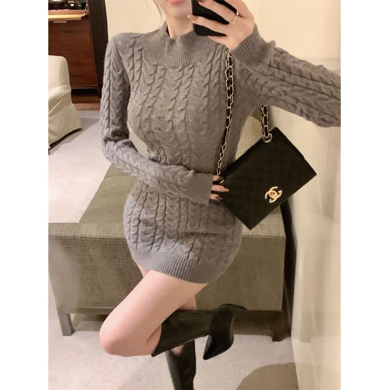 Long-Sleeve Mock Neck Open Back Cable Knit Mini Sheath Dress