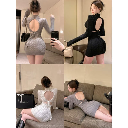 Long-Sleeve Mock Neck Open Back Cable Knit Mini Sheath Dress