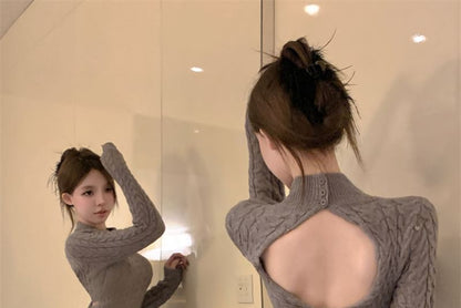 Long-Sleeve Mock Neck Open Back Cable Knit Mini Sheath Dress