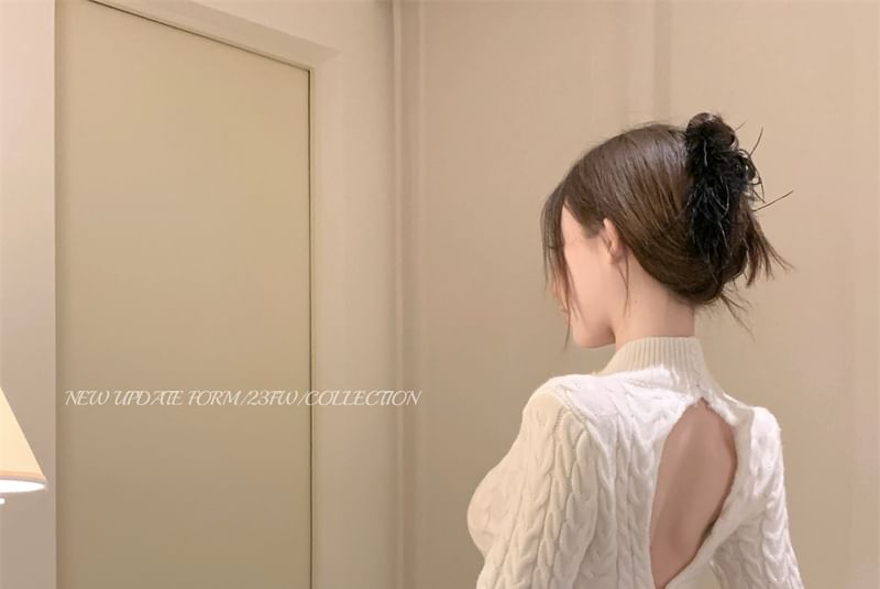 Long-Sleeve Mock Neck Open Back Cable Knit Mini Sheath Dress