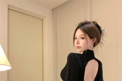 Long-Sleeve Mock Neck Open Back Cable Knit Mini Sheath Dress