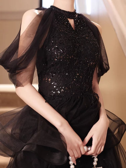 Short-Sleeve Cold-Shoulder Sequin Mesh A-Line Evening Gown