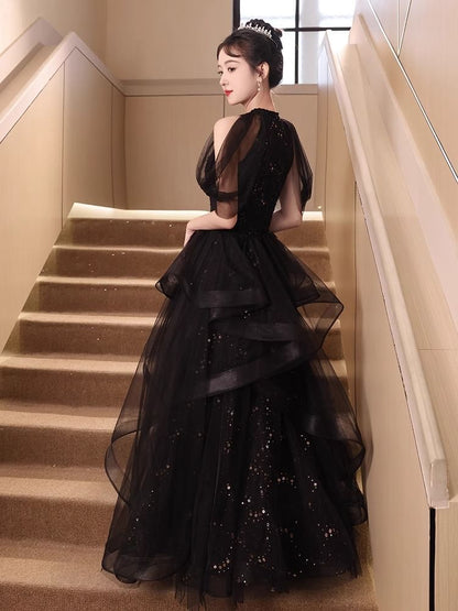 Short-Sleeve Cold-Shoulder Sequin Mesh A-Line Evening Gown