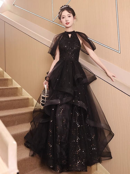 Short-Sleeve Cold-Shoulder Sequin Mesh A-Line Evening Gown