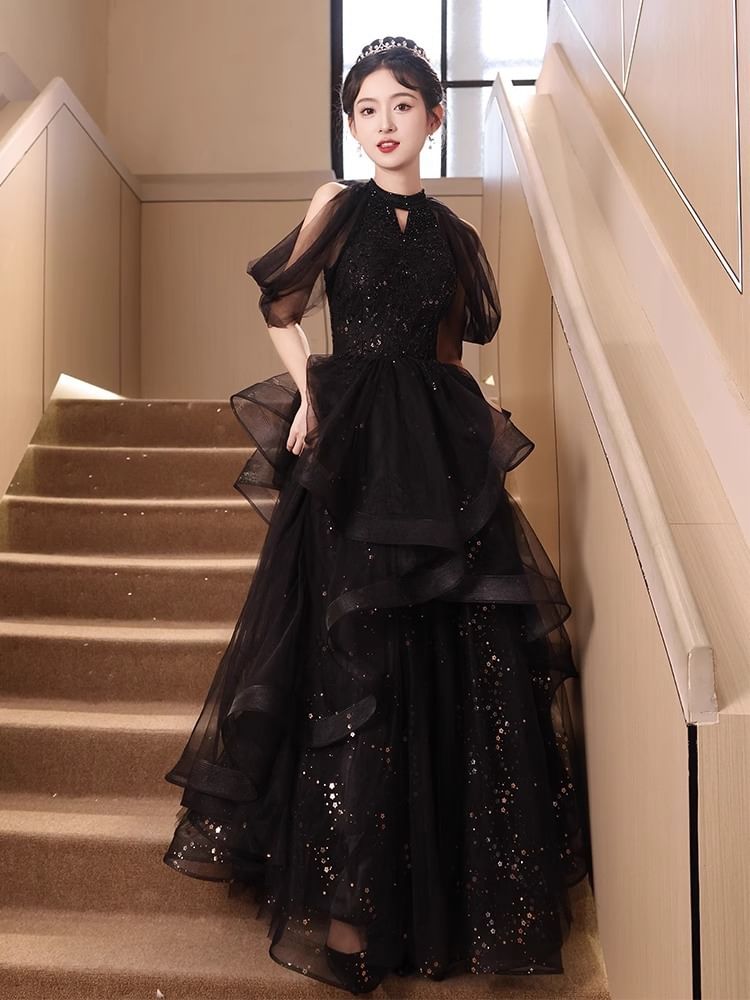 Short-Sleeve Cold-Shoulder Sequin Mesh A-Line Evening Gown