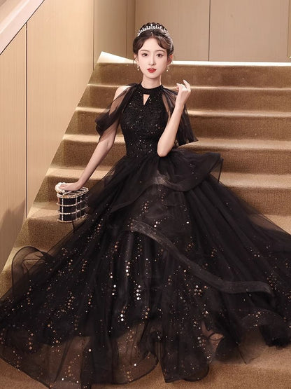 Short-Sleeve Cold-Shoulder Sequin Mesh A-Line Evening Gown