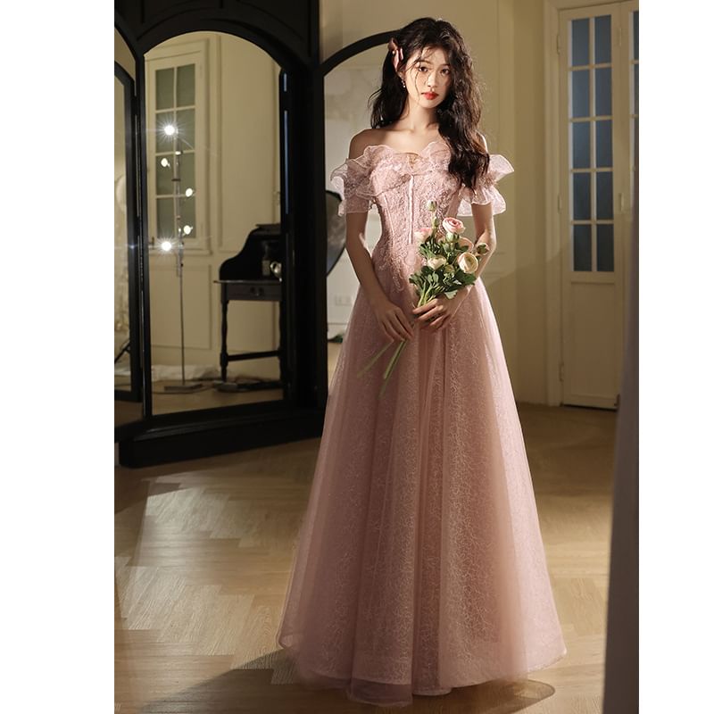 Sleeveless Off-Shoulder Sequin A-Line Evening Gown
