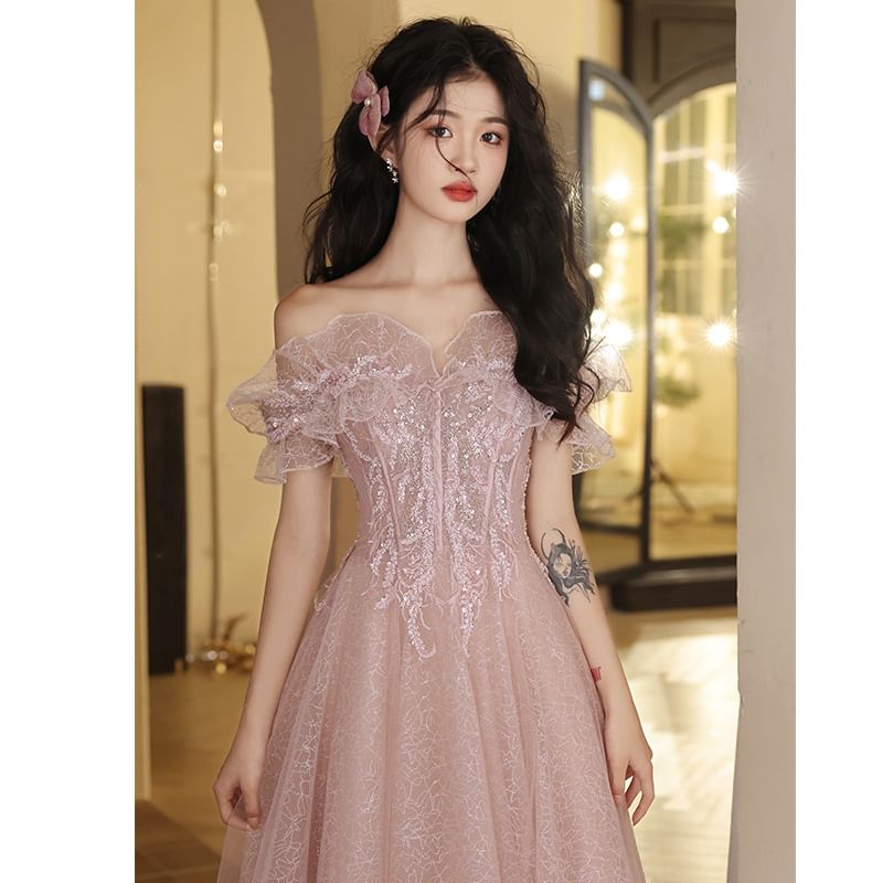 Sleeveless Off-Shoulder Sequin A-Line Evening Gown