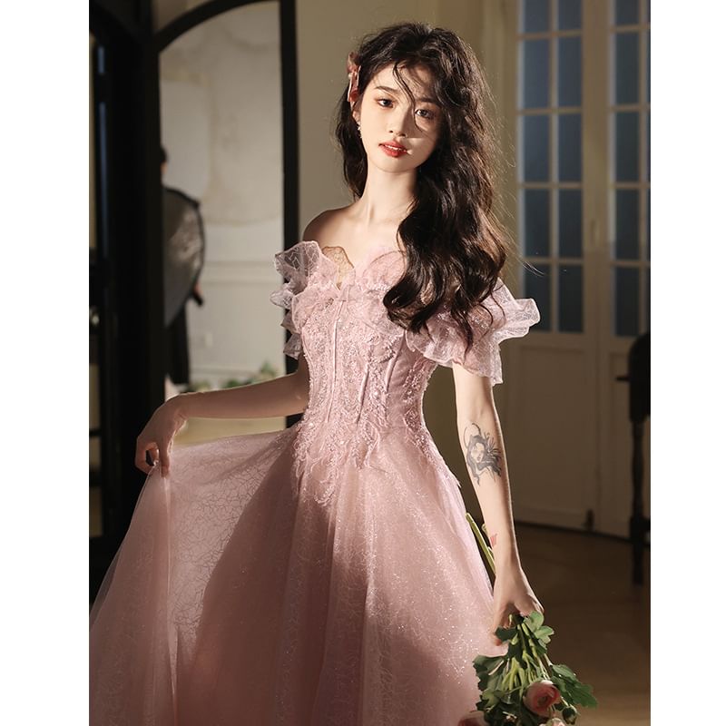 Sleeveless Off-Shoulder Sequin A-Line Evening Gown