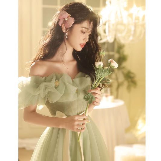 Puff-Sleeve Off-Shoulder Bow Mesh A-Line Evening Gown