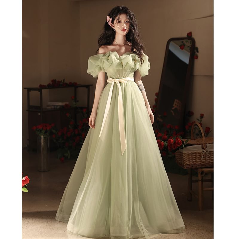 Puff-Sleeve Off-Shoulder Bow Mesh A-Line Evening Gown