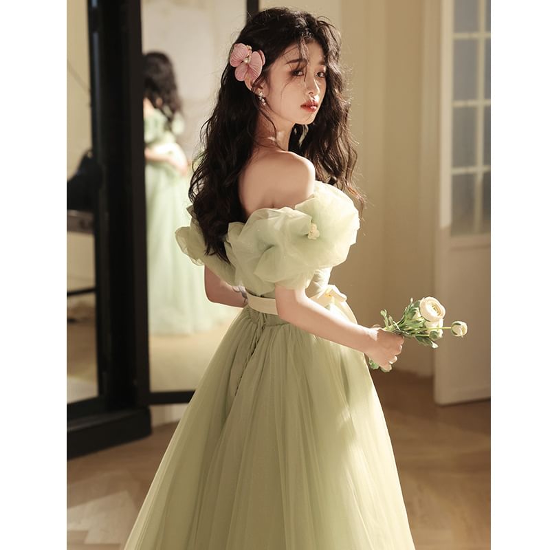 Puff-Sleeve Off-Shoulder Bow Mesh A-Line Evening Gown