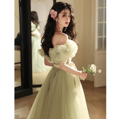 Puff-Sleeve Off-Shoulder Bow Mesh A-Line Evening Gown
