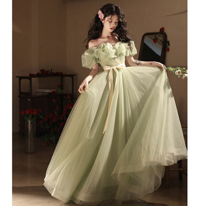 Puff-Sleeve Off-Shoulder Bow Mesh A-Line Evening Gown