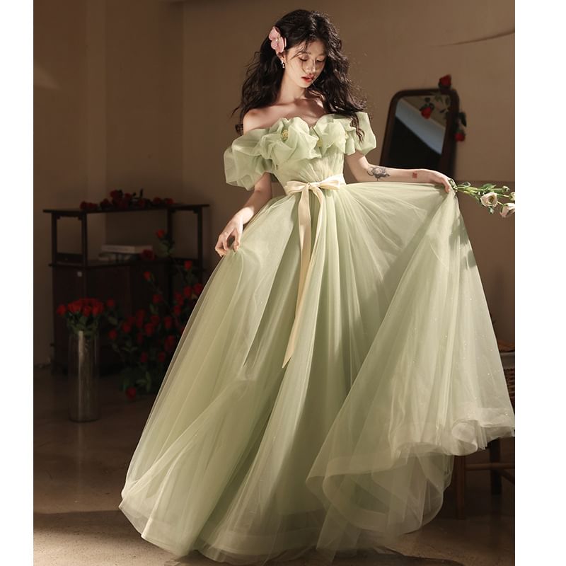 Puff-Sleeve Off-Shoulder Bow Mesh A-Line Evening Gown