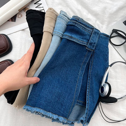 High Waist Fray Slit Mini Denim Skort