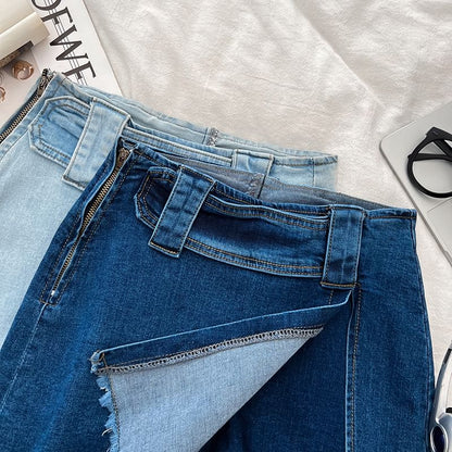 High Waist Fray Slit Mini Denim Skort