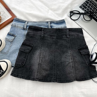 High Waist Panel Mini Denim Cargo Skort