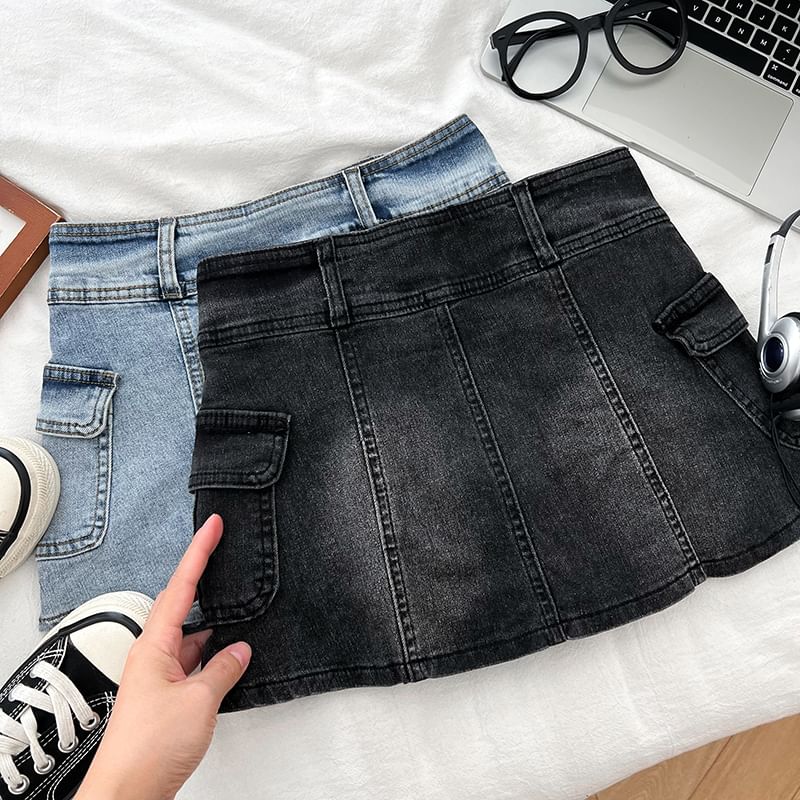 High Waist Panel Mini Denim Cargo Skort