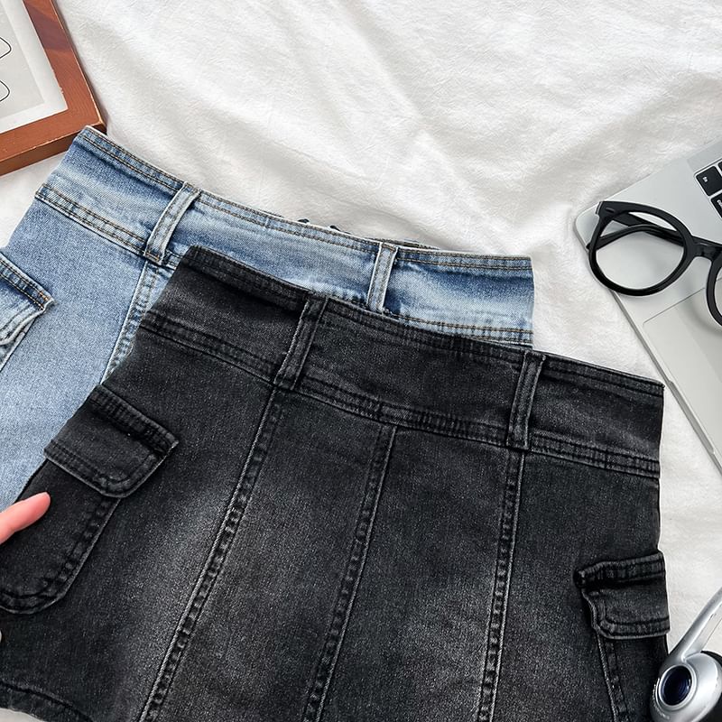 High Waist Panel Mini Denim Cargo Skort