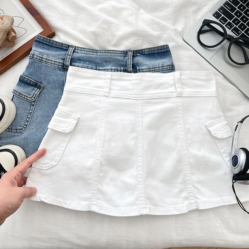 High Waist Panel Mini Denim Cargo Skort