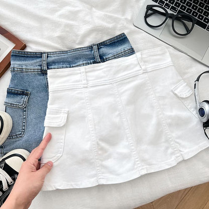 High Waist Panel Mini Denim Cargo Skort